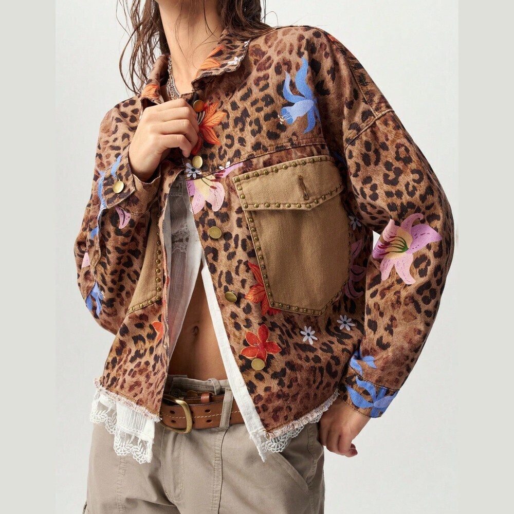 Brown Leopard Print Floral Studded Pocket Denim Jacket